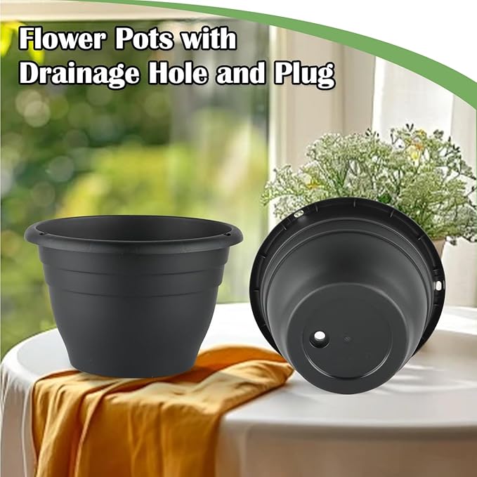 RooTrimmer 3 Pack 11 Inch Plant Pots,Plastic Flower Pots with Drainage Holes,Lightweight Durable Planters for Indoor Outdoor Plants,Modern Decorative Pots for Patio Garden(Black)