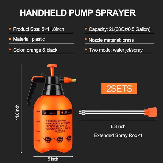 2 Set Handheld Pump Sprayer Pump Spray Bottle Garden Sprayer Plant Mister Water Spray Bottle with Adjustable Nozzle Extended Rod for Spraying Watering Fertilizing Cleaning(2L,Orange)