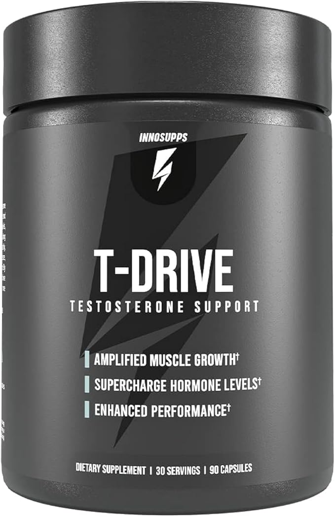 InnoSupps T-Drive Testosterone Booster Enhance Performance Amplify Muscle Growth, Increase Libido & Energy Levels w/KSM-66 Ashwagandha, Magnesium, Vitamin D, Niacin Boron, Fenugreek, 90 Caps, 30 Days