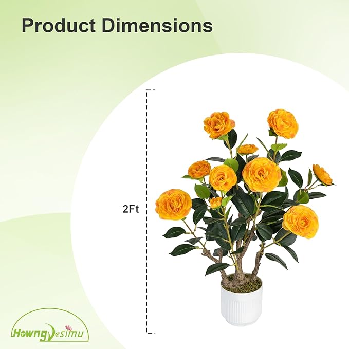 2 Pack Artificial Camellia Tree with White Pot, 24" Faux Potted Plants for Indoor Outdoor Decor, Tall Silk Greenery Plant for Home Office Living Room Balcony, Orange