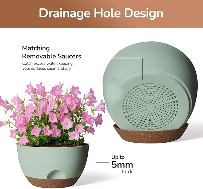 12 Inch Large Self Watering Pots, 2 Pack Plant Pots with Drainage Holes and Saucers, Self Watering Planter for Indoor Outdoor Garden Plants and Flowers (Green)