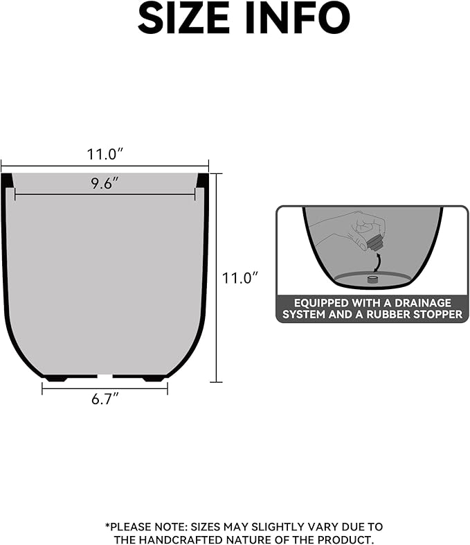 Kante 11.0" Round Concrete Planter, Large Cylinder Plant Pot with Curved Bottom and Drainage Hole, for Indoor and Outdoor Use – Garden or Patio, Black Finish with Painted Interior