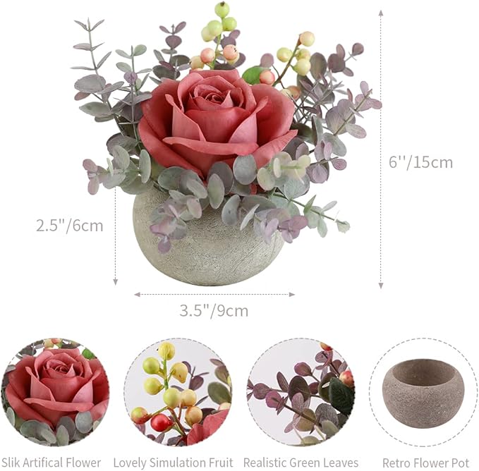 Small Artificial Pink Rose Potted Plant, 6" Fake Silk Flowers in 3.5" Round Pot, Mini Faux Floral Arrangement for Desk Shelf Bathroom Decor