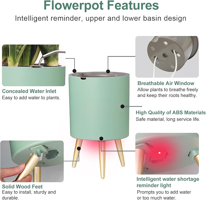 Oliz 7.8 Inch Planter Pot with Metal Craft Legs, Self Watering Planter Pots with Water Shortage Alarm Planter Pot for Indoor Outdoor Modern Planter for Home & Garden (Green)
