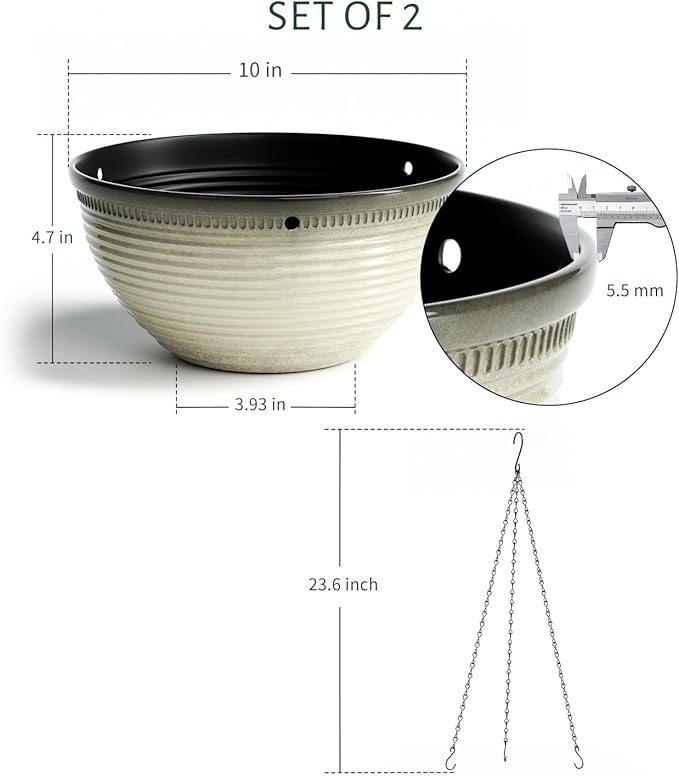 Vanslogreen 2 Pack Hanging Planters for Indoor Outdoor Plants, 10 Inch Hanging Planter with Drainage Hole & Plug Glazed Hanging Baskets Flower Pots for Garden Home (Off-White)