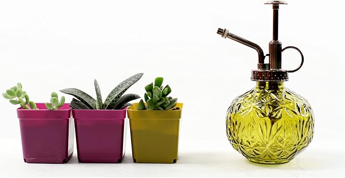 Hniuyun Glass Plant Mister Spray Bottle, 6.5inch Tall Vintage Round Spritzer with Bronze Plastic Top Pump for Watering Your Garden (Yellow)