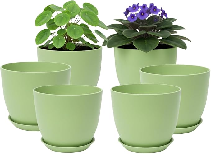Vanslogreen Plant Pots 8 Inch Set of 6, Flower Pots with Drainage Holes and Saucer, Plastic Garden Planters for Indoor & Outdoor Plants (Green)