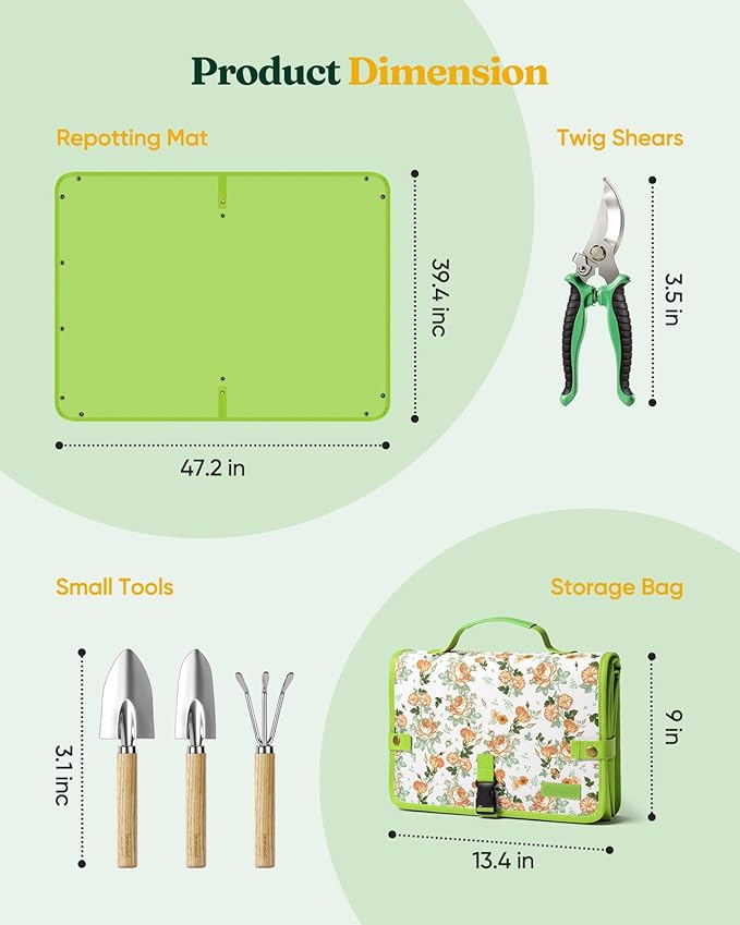 Grenebo Gardening Tools Set, 7 Piece Gardening Hand Tools with Plant Repotting Mat & Tool Bag, Stainless Steel Garden Tools for Succulent Bonsai Plants Transplanting, Gardening Gift for Women & Men