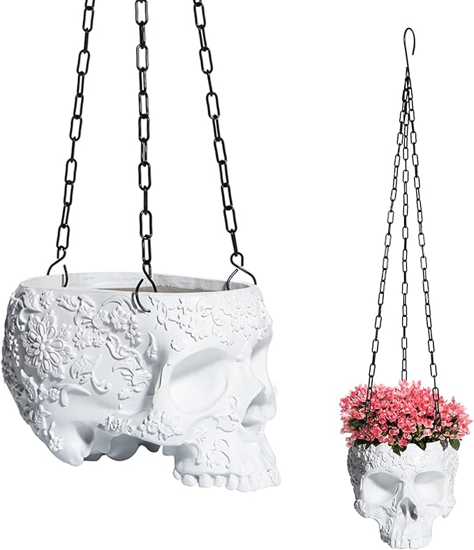 Hanging Skull Planter Pot with Chain and Hook Gothic Skeleton Candy Bowl Trick or Treat Bucket Spooky Skull Flower Pot Creepy Horror Home Decor Outdoor Indoor Garden Decoration 6 Inch White Planter