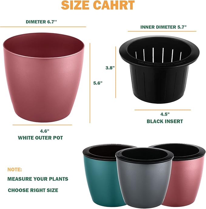 Planterhoma 6.7 Inch Self Watering Pots for Indoor Plants, 6 Packs African Violet Pots, Black Wick Pot with Drainage Holes, Self Watering Planters for Orchid, Devil's Ivy, Blue/Rose Gold