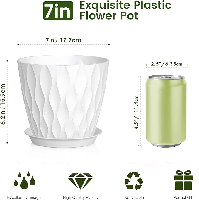 Meowell 7 inch Plant Pots for Indoor Outdoor Plants, 5 Pack Thick Nursery Pots with Drainage Holes and Saucers, 3D Modern Wave Texture Plastic Planter Pots for Flowers and House Plants, White