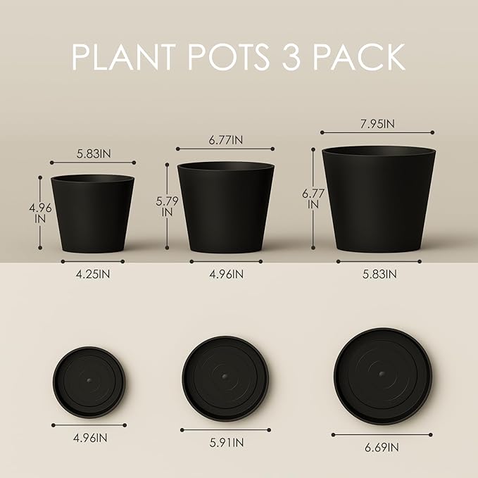 Bamworld 3 Pack Plastic Plant Pots with Drainage Holes and Saucers 6/7/8 Inch 5mm Thick Modern Decorative Flower Pots for Indoor Outdoor Plants Black