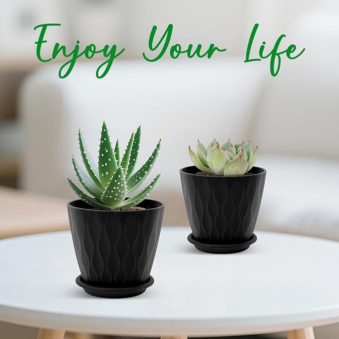 YNNICO 4 inch Plant Pots, 5 Pack Flower Pots Outdoor Indoor, Planters with Drainage Holes and Tray Saucers(Black)