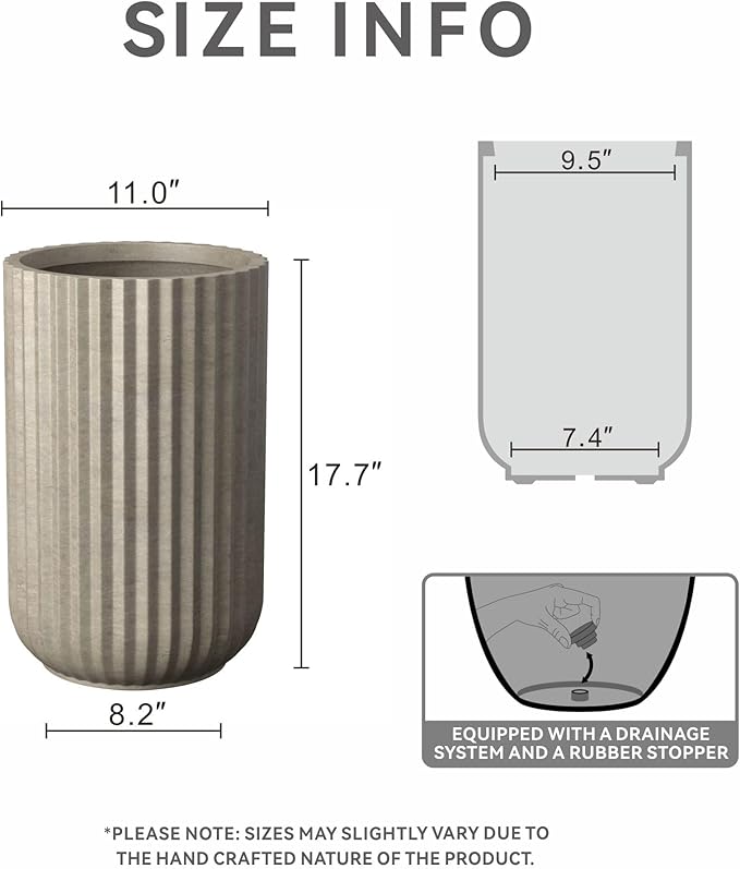 Kante Tall Fulted Planter, 17.7 Inch Tall Round Concrete Plant Pots with Drainage Hole and Rubber Plug, Modern Decor for Indoor Outdoor Plants, Flower, Weathered Concrete
