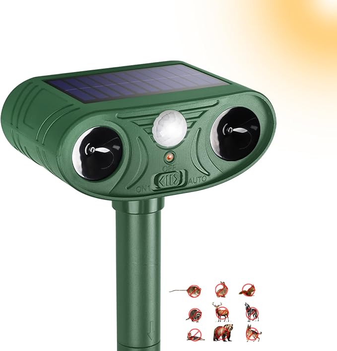 Solar Ultrasonic Animal Repellent Outdoor with Motion Sensor Strobe Light Deer Repellent Devices for Squirrel Rats Snakes Rabbit 25KHZ Silent Deterrent Dual Mode Yard Garden Lawn Pest Control 1pack