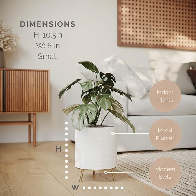 EverNest Claire Honeycomb Neutral Modern White Planter with Nyra Stand, Indoor Plant Pots, SelectBase, Mid-Century Modern, Boho Style Home Decor for Plants (Small, Gold)