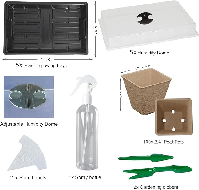 Seed Starter Kit with Peat Pots for Seedlings Seed Starter Tray, Including 100 Square Biodegradable Seed Starter Pods, 5 Plastic Growing Trays with Adjustable Dome& Spray Bottle