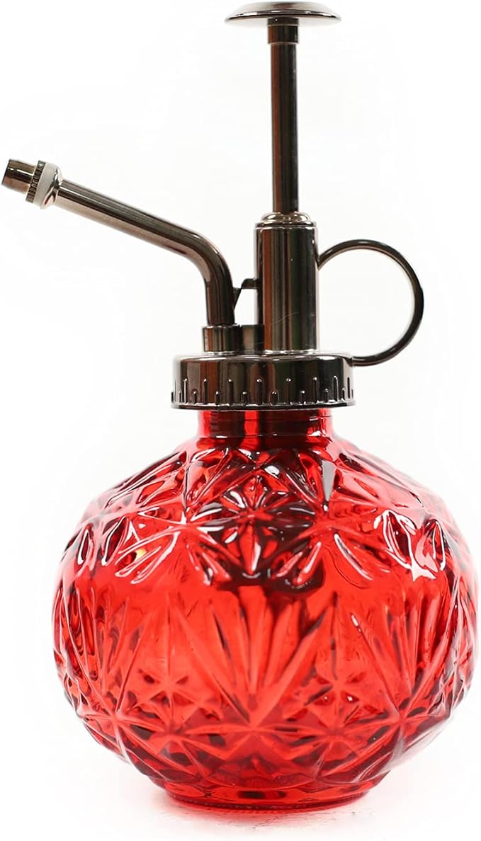 Hniuyun Glass Plant Mister Spray Bottle, 6.5inch Tall Vintage Round Spritzer with Bronze Plastic Top Pump for Watering Your Garden (Red)