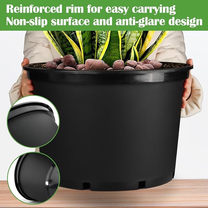 RooTrimmer 10 Gallon Plastic Nursery Pots, 16 Inch Round Plant Pots with Drainage Holes, 5 Pack Large Garden Flower Pots for Outdoor Indoor Plants, Gardening Gifts for Women, Black