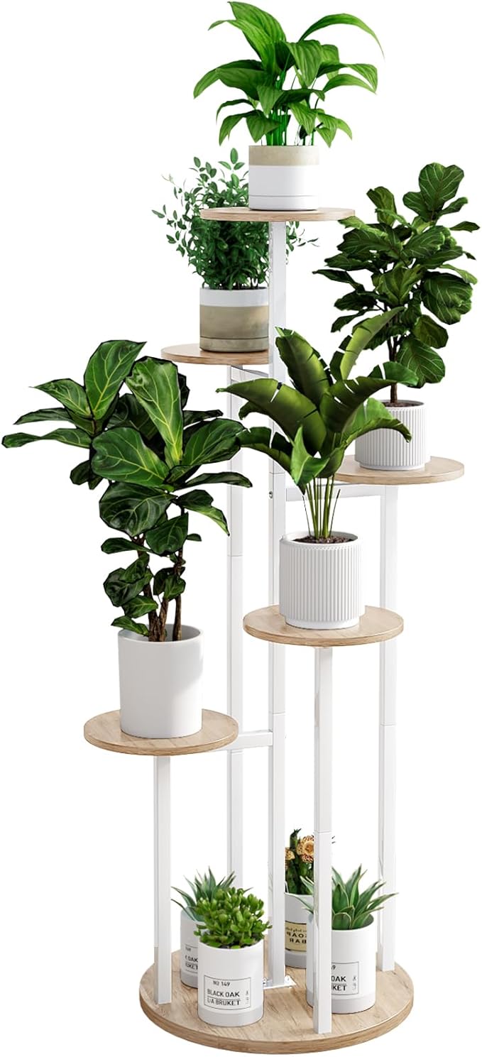 INGIORDAR Plant Stand Indoor Outdoor Corner Flower Stands Multiple Flower Pot Holder for Patio Garden Balcony Living Room 6 Tier White+Sonoma Oak