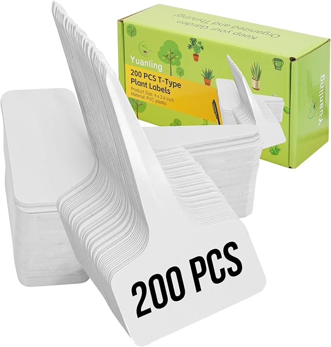 Plant Labels 200 Pcs Yuanling T-Type Plastic Garden Tags Waterproof Plant Sign Stakes Nursery Garden Makers for Seedlings Flower Vegetables Herb Potted Belt Permanet Marker Pen (White)