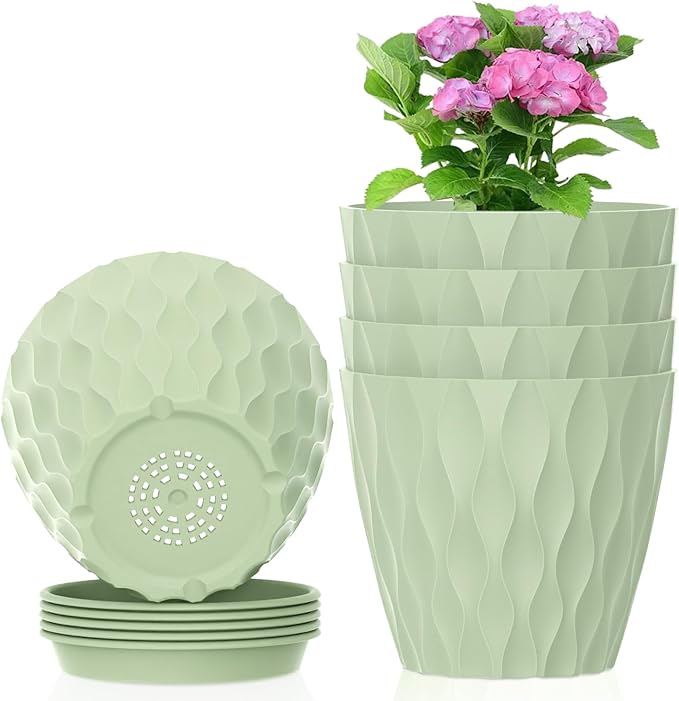 Meowell 4 inch Small Plastic Nursery Pots, 5 Pack Water Ripples Plant Pots for Indoor Plants, Flower Pots with Drainage Holes and Saucers, Seeding Starter Planters for Decorative, Green