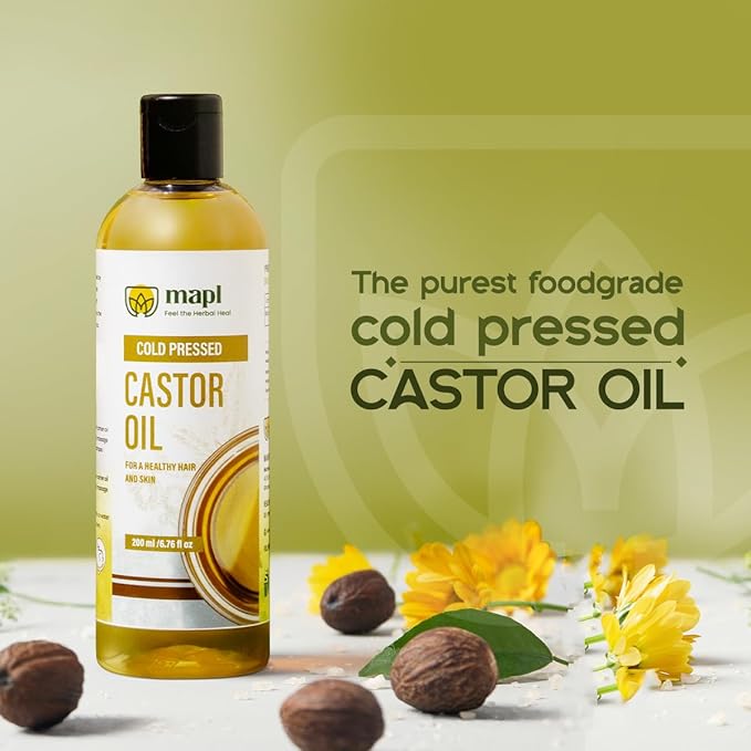 MAPL Castor Oil 6.76 Fl Oz (200 ml) – Organic Arandi Oil for Hair, Skin, Eyebrows & Eyelashes – Cold-Pressed, Unrefined & 100% Natural Superfood – Traditional Indian Hair Care, Food Grade & Edible