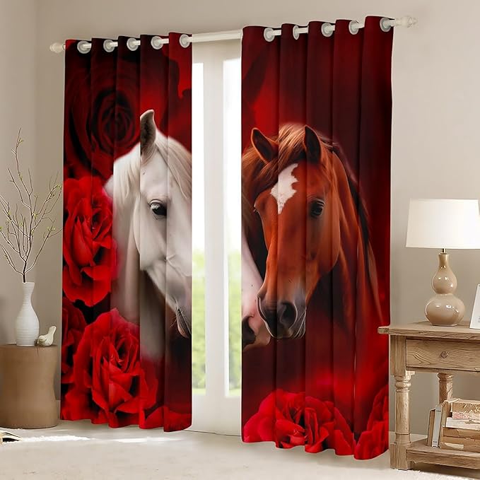 Brown White Horse Blackout Curtains 2 Panels 38"Wx54"L,3D Farm Animal Curtains & Drapes,Southwestern Wildlife Window Treatments,Black Red Rose Romance Flower Window Curtains Nature Safari Themed Decor