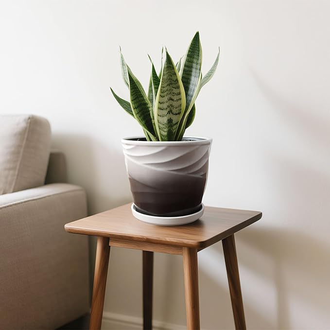 8 Inch Plant Pot,Ceramic Planter with Drainage and Saucer,Ceramic Pots for Plants,Indoor Plant pots,Ceramic Flower pots(Dark Gray+White)