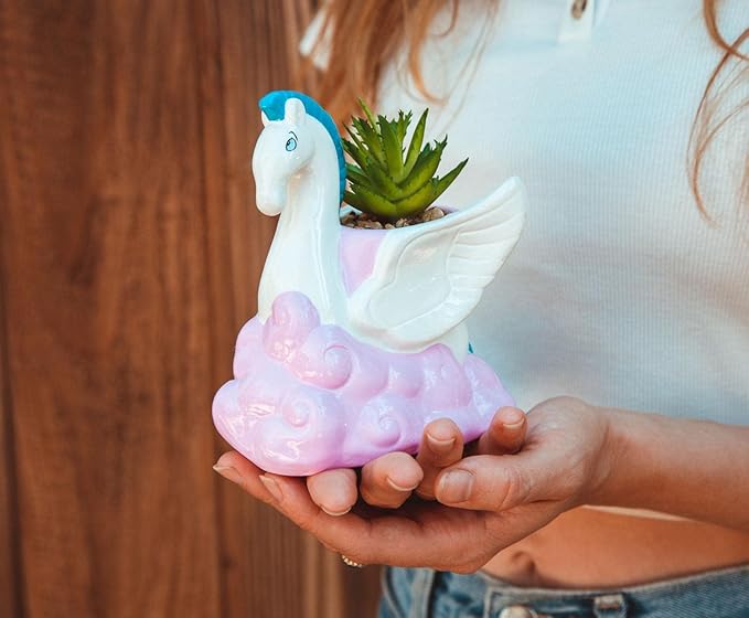 Silver Buffalo Disney Hercules Pegasus 3-Inch Ceramic Mini Planter with Artificial Succulent | Small Flower Pot, Faux Indoor Plants for Desk Shelf, Home Decor