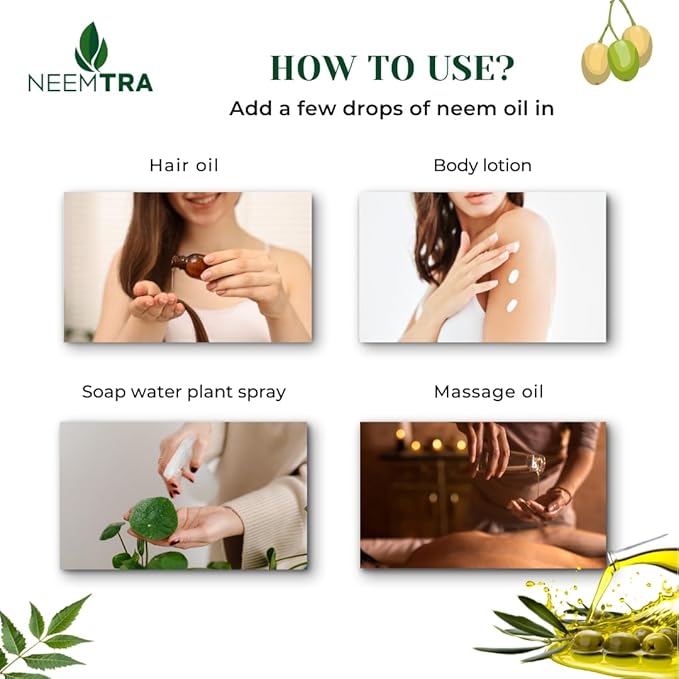 Natural and Pure Neem Oil, Cold Pressed, Undiluted, for Garden and Plants, Shampoo, Lotion and Hair oil, 4 fl Oz