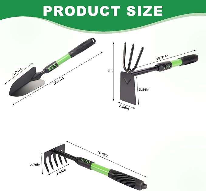 Garden Tool Set, 3 Pack Lightweight Heavy Gardening Kit Including Hand Shovel, Transplant Shovel and Hand Rake with Soft Rubber Non-Slip Handle, for Planting Weeding Digging, Green ﻿