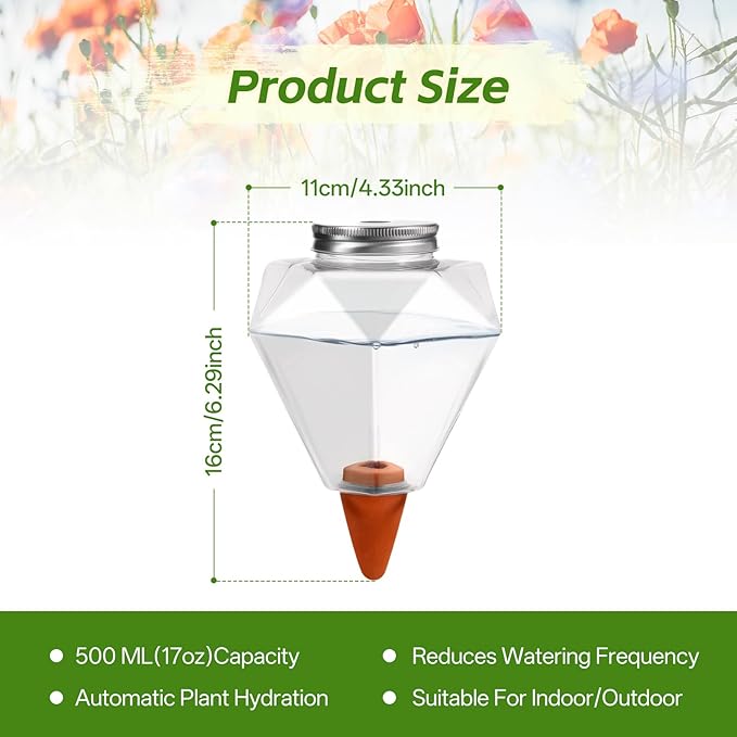 4 Pcs 17 Oz Self-Watering Planter Insert Self-Watering Planter Globes with Slow Release Water Control for Indoor & Outdoor Plants (4, Diamond Shape)