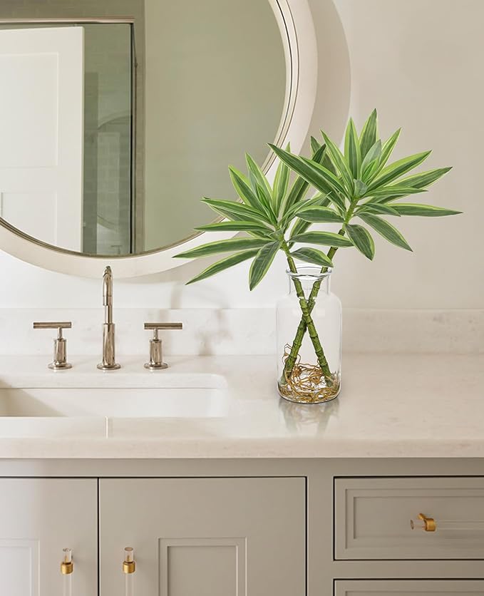 Artificial Plants Stems in Glass Vase with Faux Water,Fake Silk Plant Dracaena Leaves for Centerpiece Table Decorations Farmhouse Wedding Home Greenery Decor (Green and Yellow)
