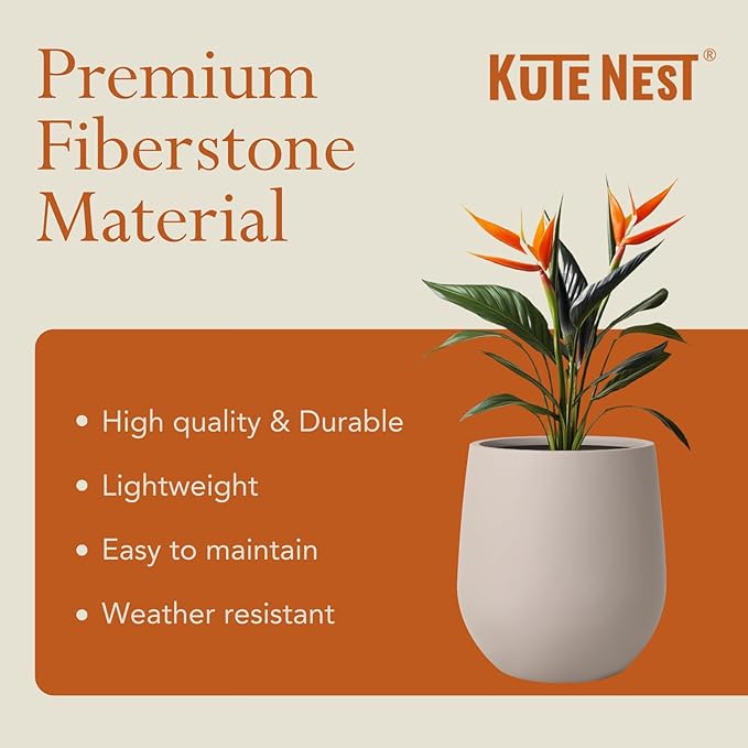 KUTE NEST 16.5" H x 15" D Premium Corso Fiberstone Round Tapered Planter with Drainage Hole, Weather Resistant for Indoor & Outdoor Use, Included 2 Extra Coco Mats (Taupe, 11.5" Pot Opening)