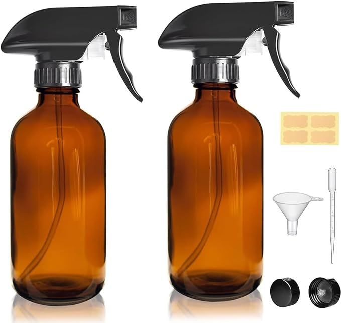 LANBEAUTIFY 8oz Amber Glass Spray Bottles - 2 Pack Empty Refillable Bottles for Cleaning, Hair Care, Essential Oils, Plants - Includes Durable Nozzle, Labels, Funnel & Dropper, Handheld Size