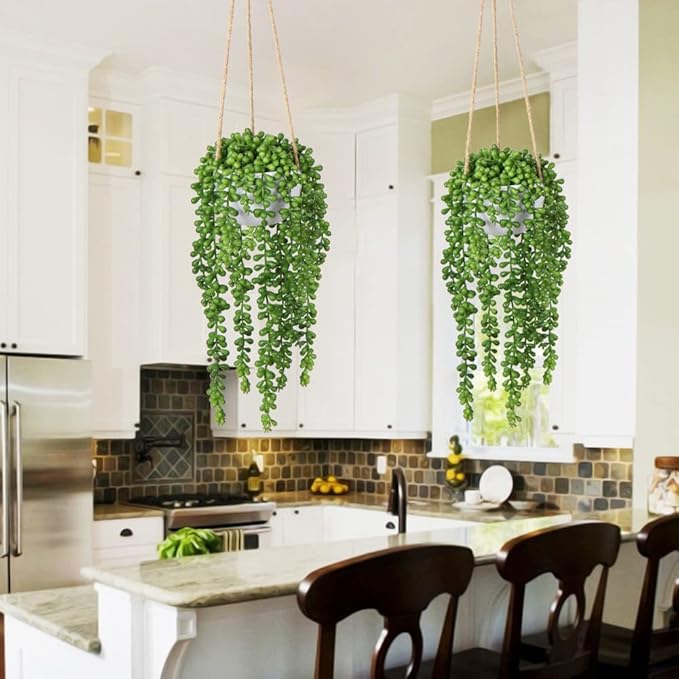 plants Fake Hanging with Pot, 14'' Faux String of Pearls Succulent Greenery Artificial Hanging for Indoor Home Office Farmhouse Bathroom Wall Shelf Decor - Green