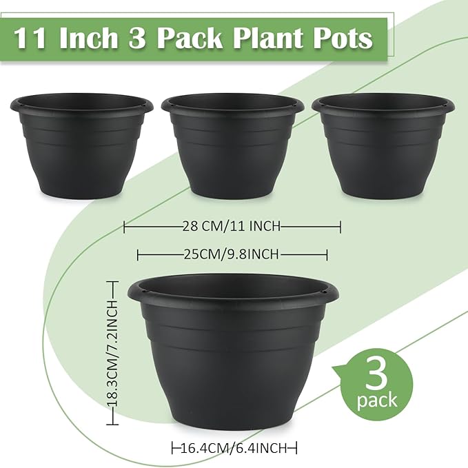 RooTrimmer 3 Pack 11 Inch Plant Pots,Plastic Flower Pots with Drainage Holes,Lightweight Durable Planters for Indoor Outdoor Plants,Modern Decorative Pots for Patio Garden(Black)