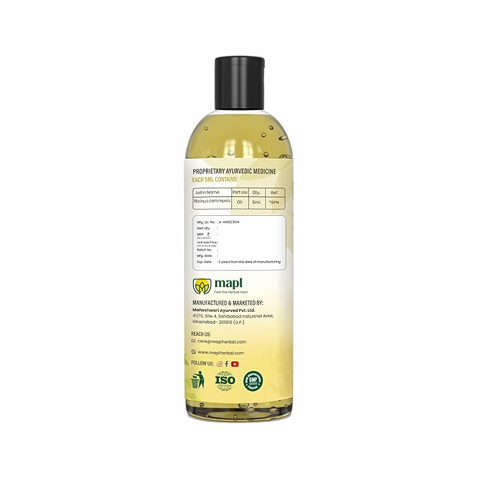 MAPL Castor Oil 6.76 Fl Oz (200 ml) – Organic Arandi Oil for Hair, Skin, Eyebrows & Eyelashes – Cold-Pressed, Unrefined & 100% Natural Superfood – Traditional Indian Hair Care, Food Grade & Edible