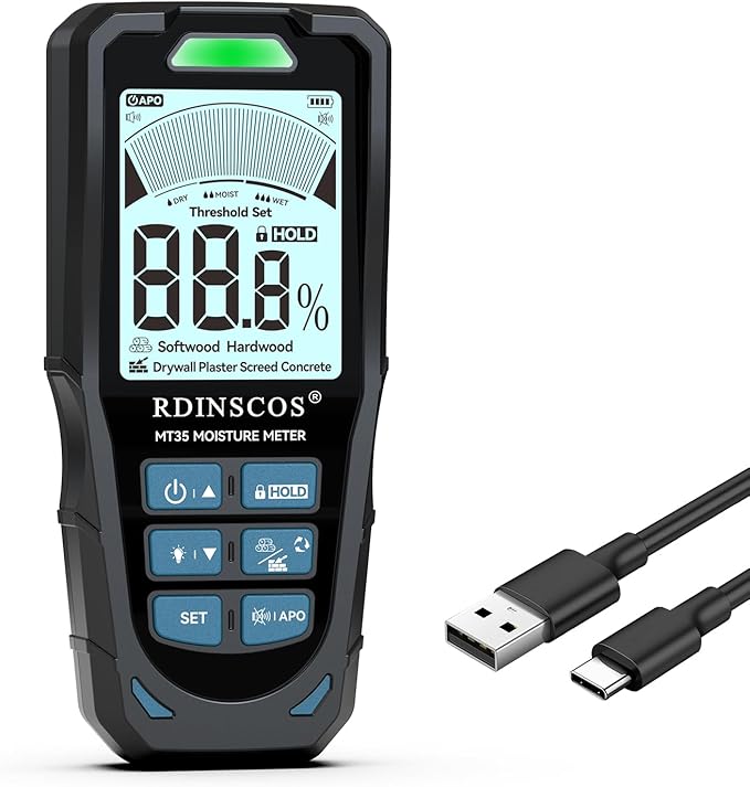 Rechargeable RDINSCOS Moisture Meter for Drywall & Low-Density Materials, Pinless Wall Moisture Detector with High Sensitivity, Non-Invasive Surface Scanner for Home Inspection, Basements & DIY Use