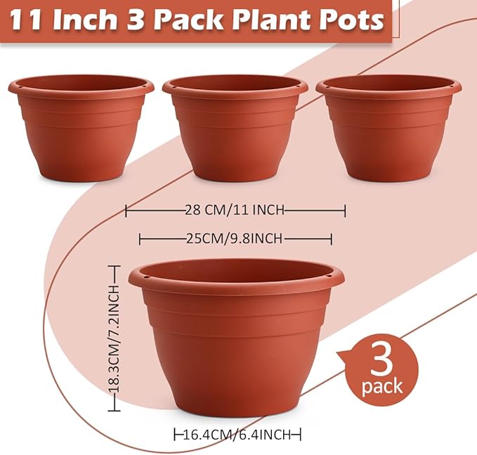 RooTrimmer 3 Pack 11 Inch Plant Pots Lightweight Planters with Drainage Holes,Durable Indoor & Outdoor Flower Pots for Garden,Patio & Home Decor(Pottery Red)
