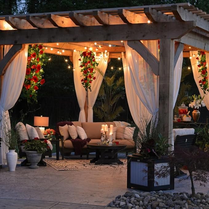 RECUTMS Hanging Rose Flowers Artificial Vines for Outdoors with 30 LED Fairy String Lights Indoor Home Garden Wall Wedding Valentines Day Decorations Rose (Red)
