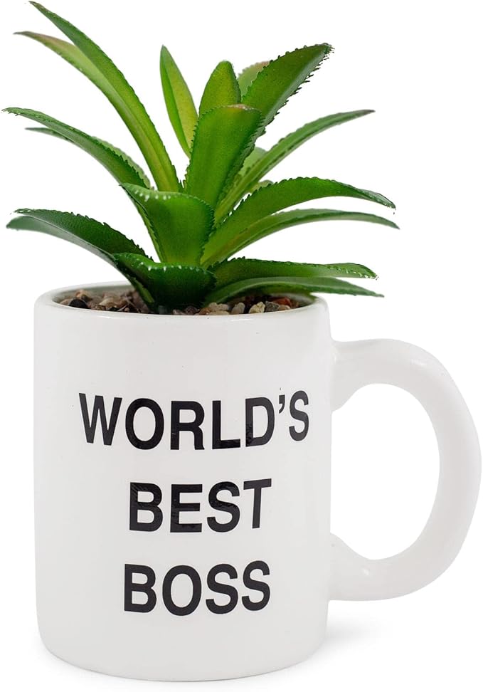 Silver Buffalo The Office World's Best Boss Decorative Artificial Faux Greenery Plant in Ceramic