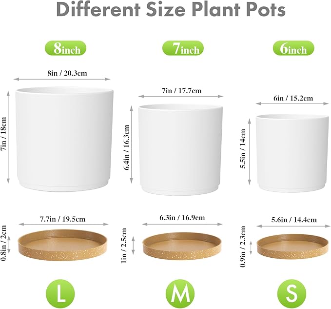 Meowell 8/7/6 inch Plant Pots, 3 Pack Cylinder Flower Pots for Outdoor Indoor Plants, Decorative Plastic Planters with Drainage Holes and Saucers for Garden House Plants, White with Brown
