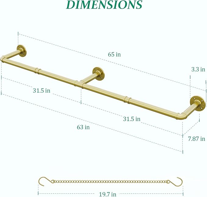 SOFITORG Plant Haning Rod, Hanging Planters for Indoor Plants with 6 Chains, Wall Plant Hanging Bar for Window Celling, 65.7 Inch, Metal Gold, Pots Not Included