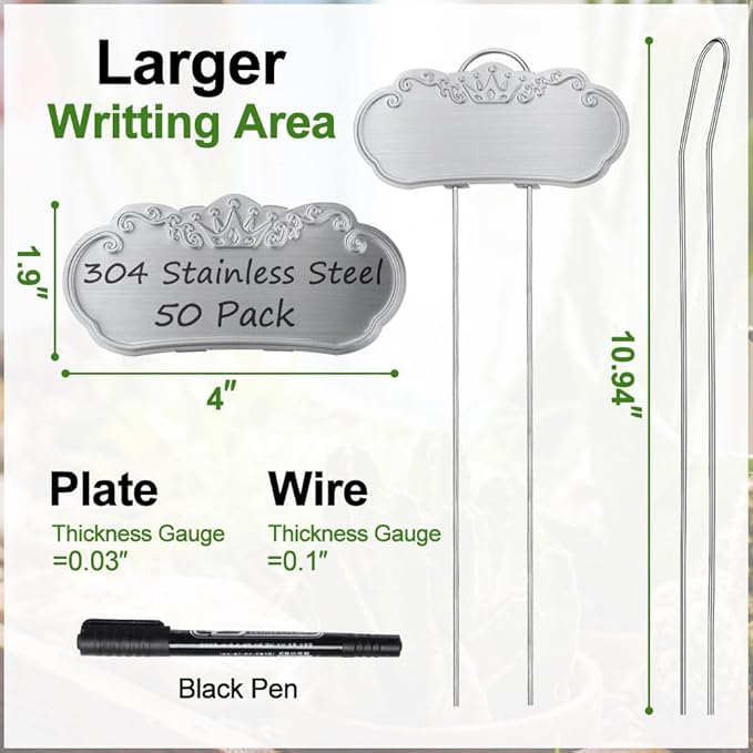 50 Packs Metal Plant Labels, Tall Outdoor Garden Markers for Flowers, Fruits and Vegetables, 304 Stainless Steel Weatherproof Signs (4" x 1.9", Silver)