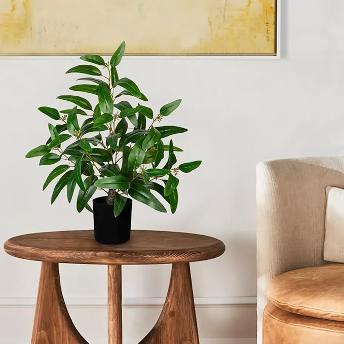 Artificial Plants Indoor with Pot, 19.7" Fake Potted Plants Eucalyptus Leaves, Silk Plant for Home Decor Indoor Plants Artificial for Home Office Bedroom Farmhouse Entry Table Shelf Decor, Deep Green