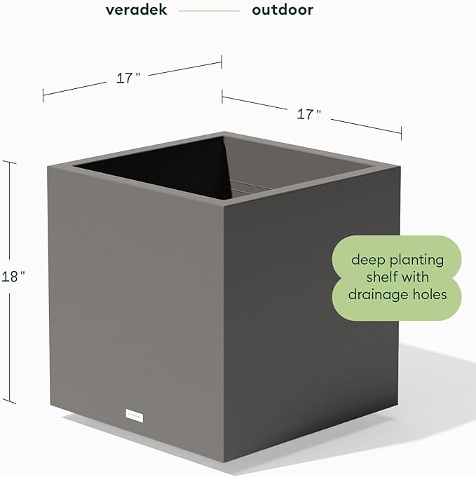 Veradek Block Series Cube Plastic Planter - Large Square Planter for Indoor or Outdoor Patio/Garden | Durable All-Weather Use with Drainage Holes | Modern Décor for Tall Plants, Trees, Flowers