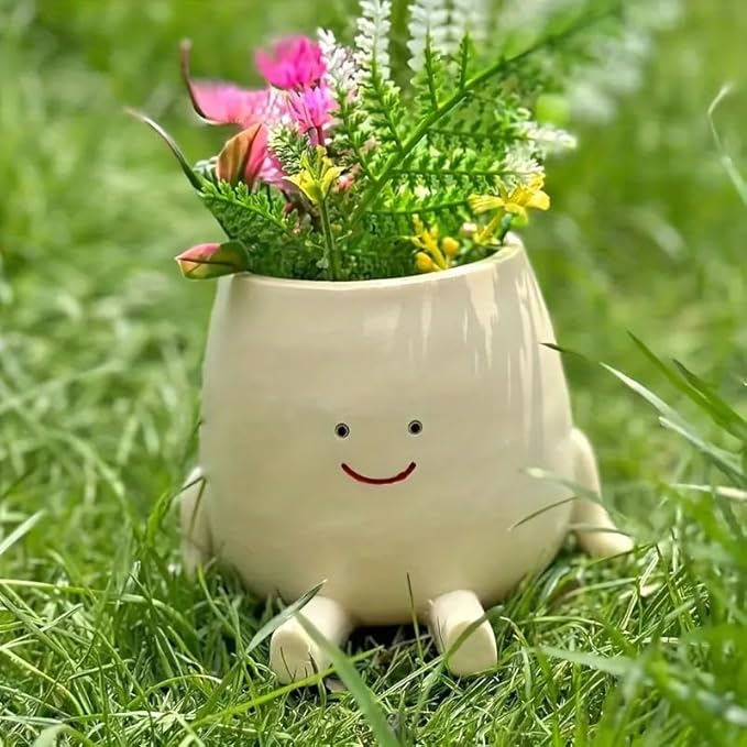 Smiley Face Planter Pot – Small Cute Resin Flower Head Planter with Drainage Hole, Succulent Pot for Indoor & Outdoor Home Décor