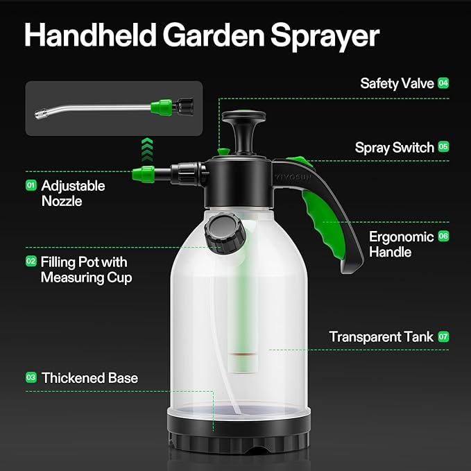 VIVOSUN 70oz Pump Sprayer, Portable Water Spray Bottle for Spraying Plants, Flowers, Weeds and Cleaning, Hand Pump with Side Filling Port, Measuring Cup, Adjustable Nozzles